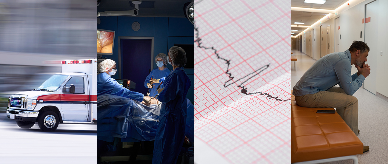 Collage of images showing an ambulance, doctors in surgery, an ECG reading, and a worried man in a hospital corridor.