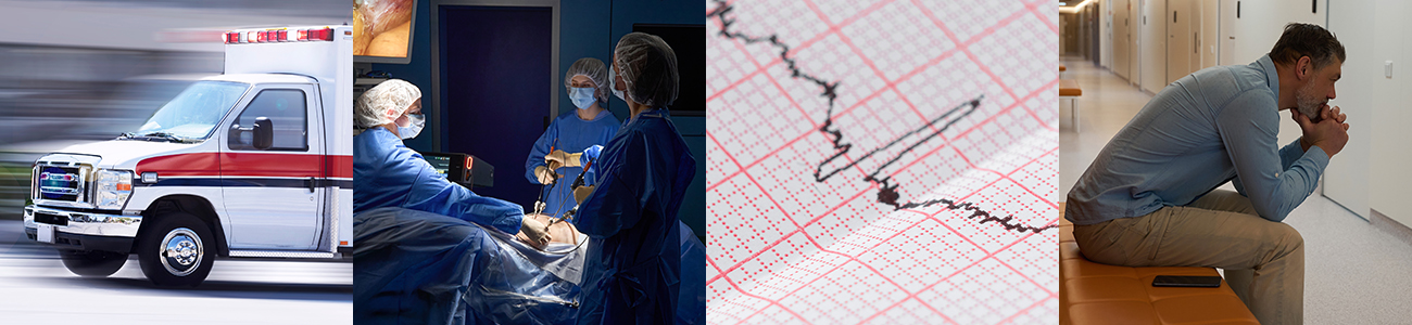 Collage of images showing an ambulance, doctors in surgery, an ECG reading, and a worried man in a hospital corridor.